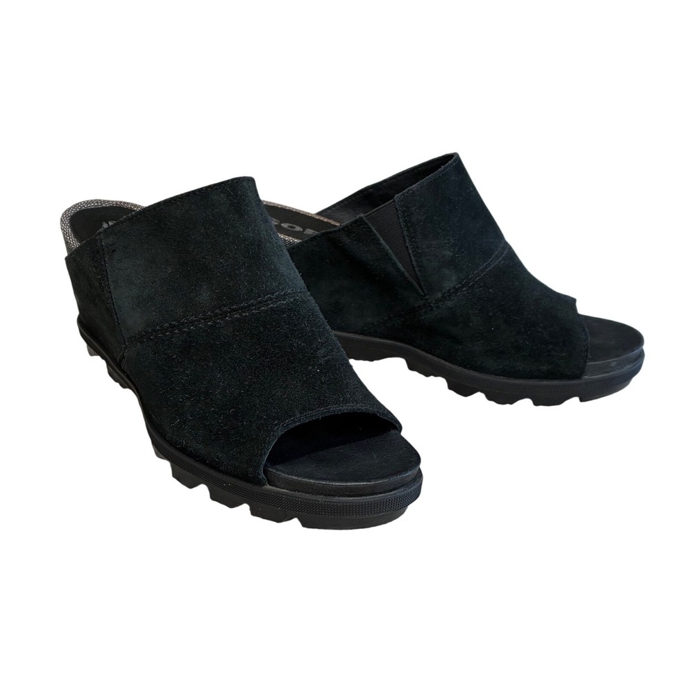 Sorel Joanie Mule Black Suede Platform Wedge Open Toe Sandals Womens 11